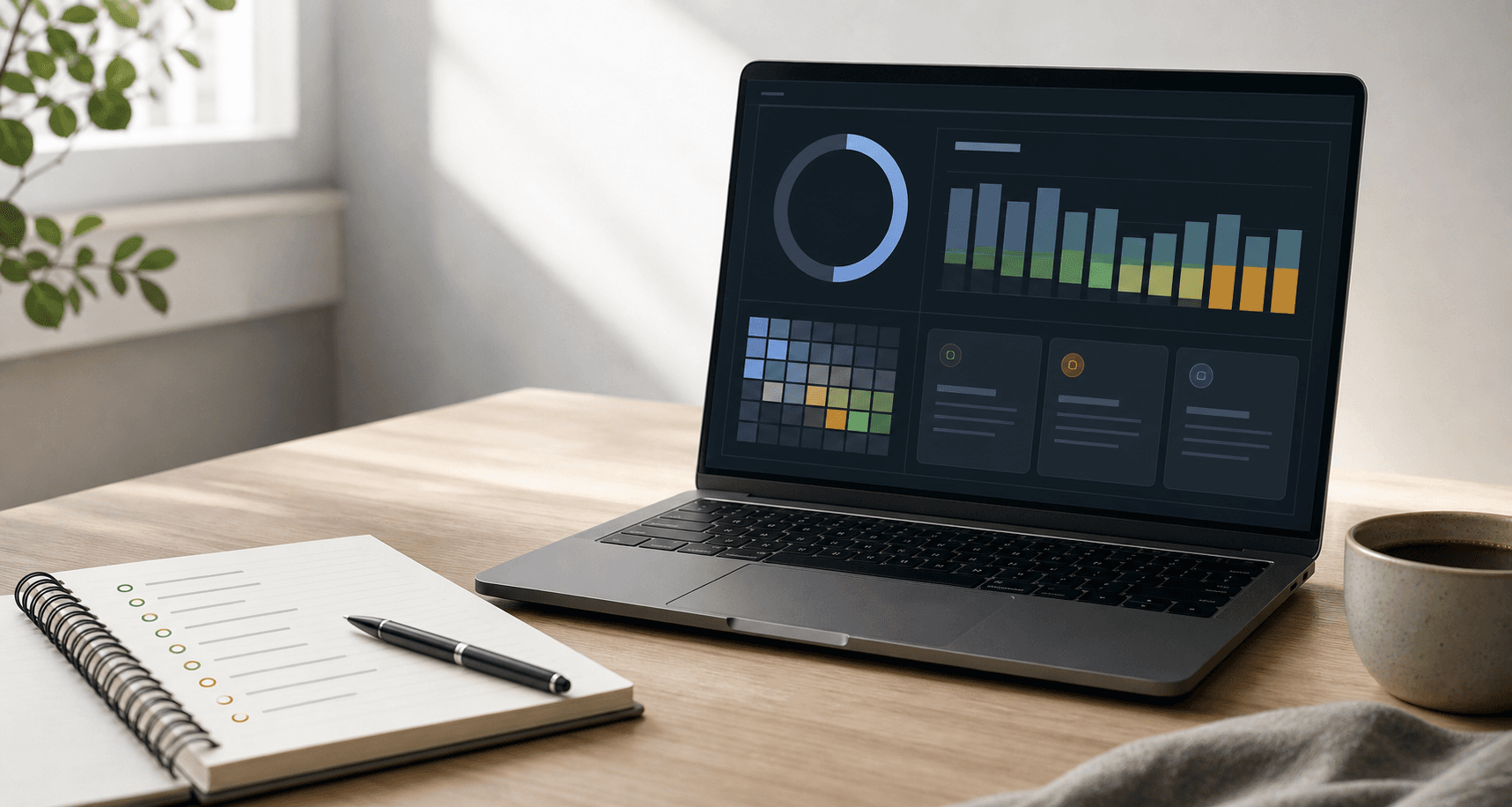 Business health dashboard on a laptop beside a notebook